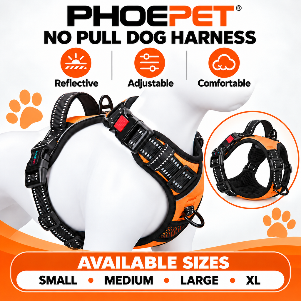 PHOEPET No Pull Dog Harness Orange Reflective Adjustable Comfortable S – M – L - XL