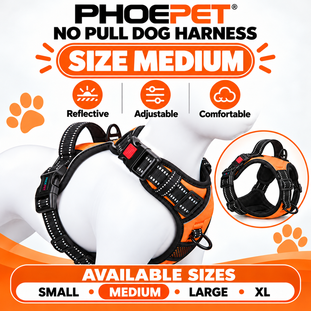 PHOEPET No Pull Dog Harness Orange Reflective Adjustable Comfortable S – M – L - XL