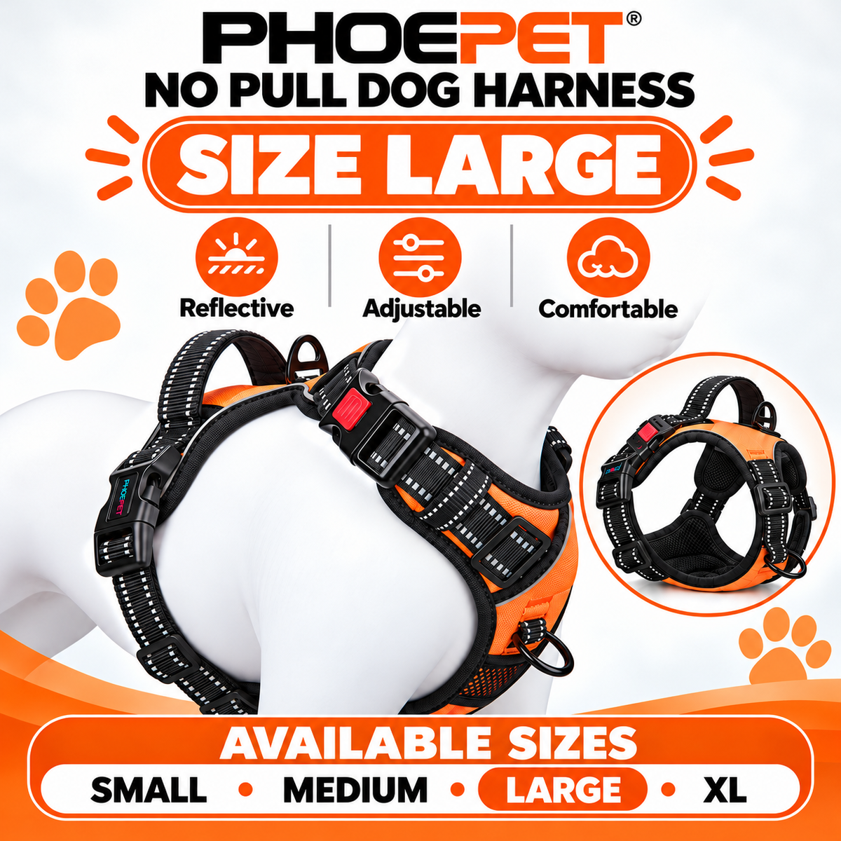 PHOEPET No Pull Dog Harness Orange Reflective Adjustable Comfortable S – M – L - XL