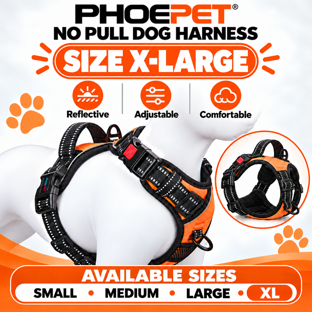 PHOEPET No Pull Dog Harness Orange Reflective Adjustable Comfortable S – M – L - XL