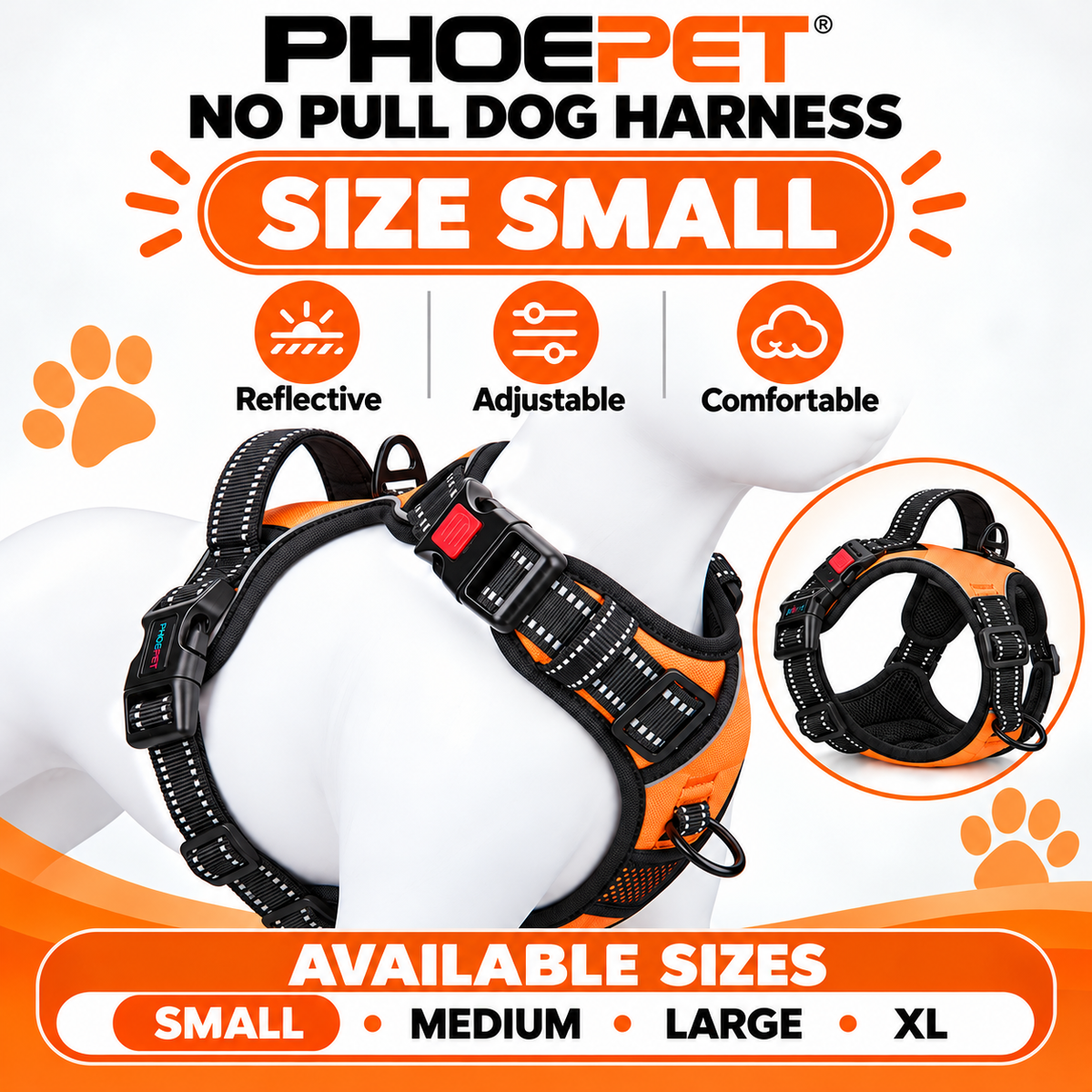 PHOEPET No Pull Dog Harness Orange Reflective Adjustable Comfortable S – M – L - XL