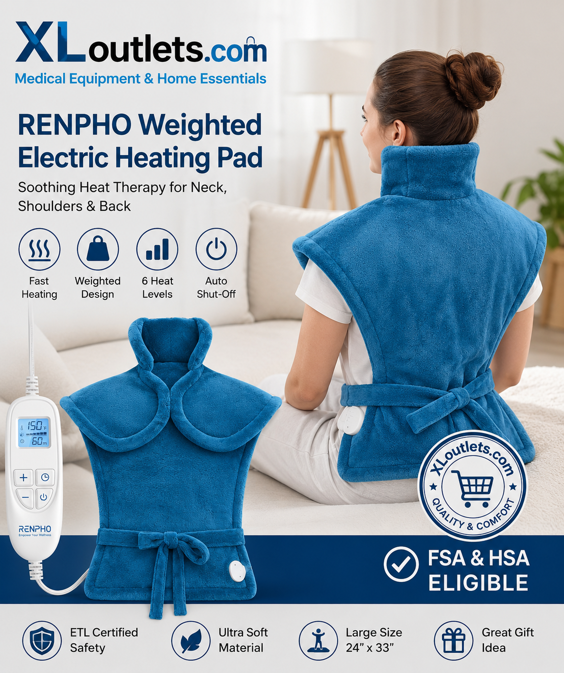 RENPHO Weighted Electric Heating Pad for Neck Shoulders & Back 24"x33" Blue