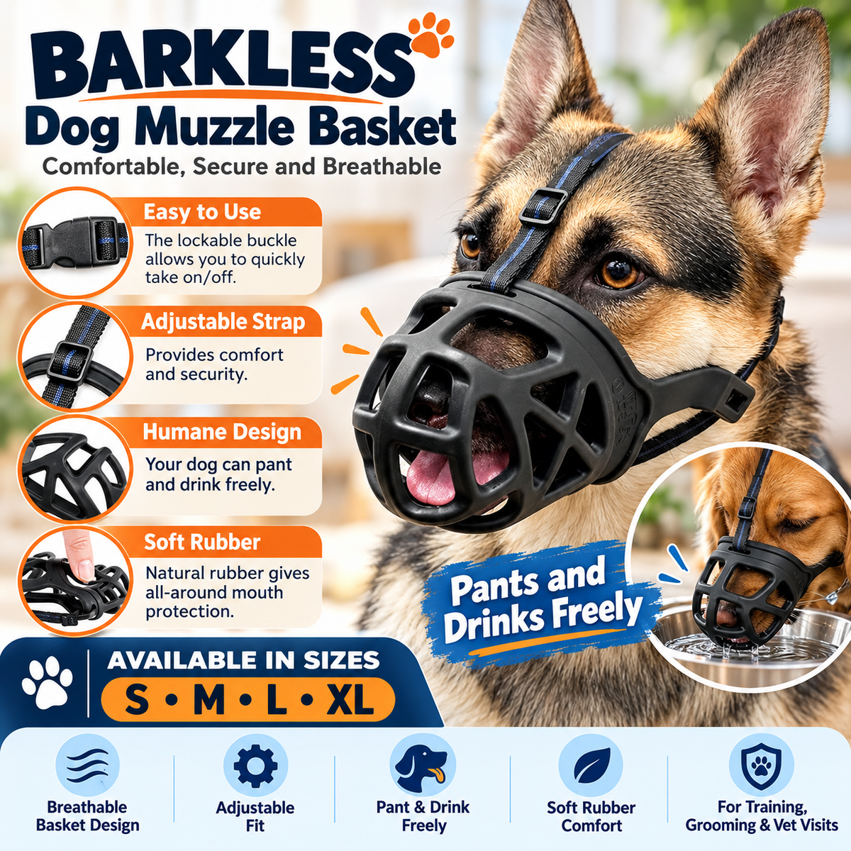 BARKLESS Dog Basket Muzzle Adjustable Breathable Anti Bite Training Grooming S-XL