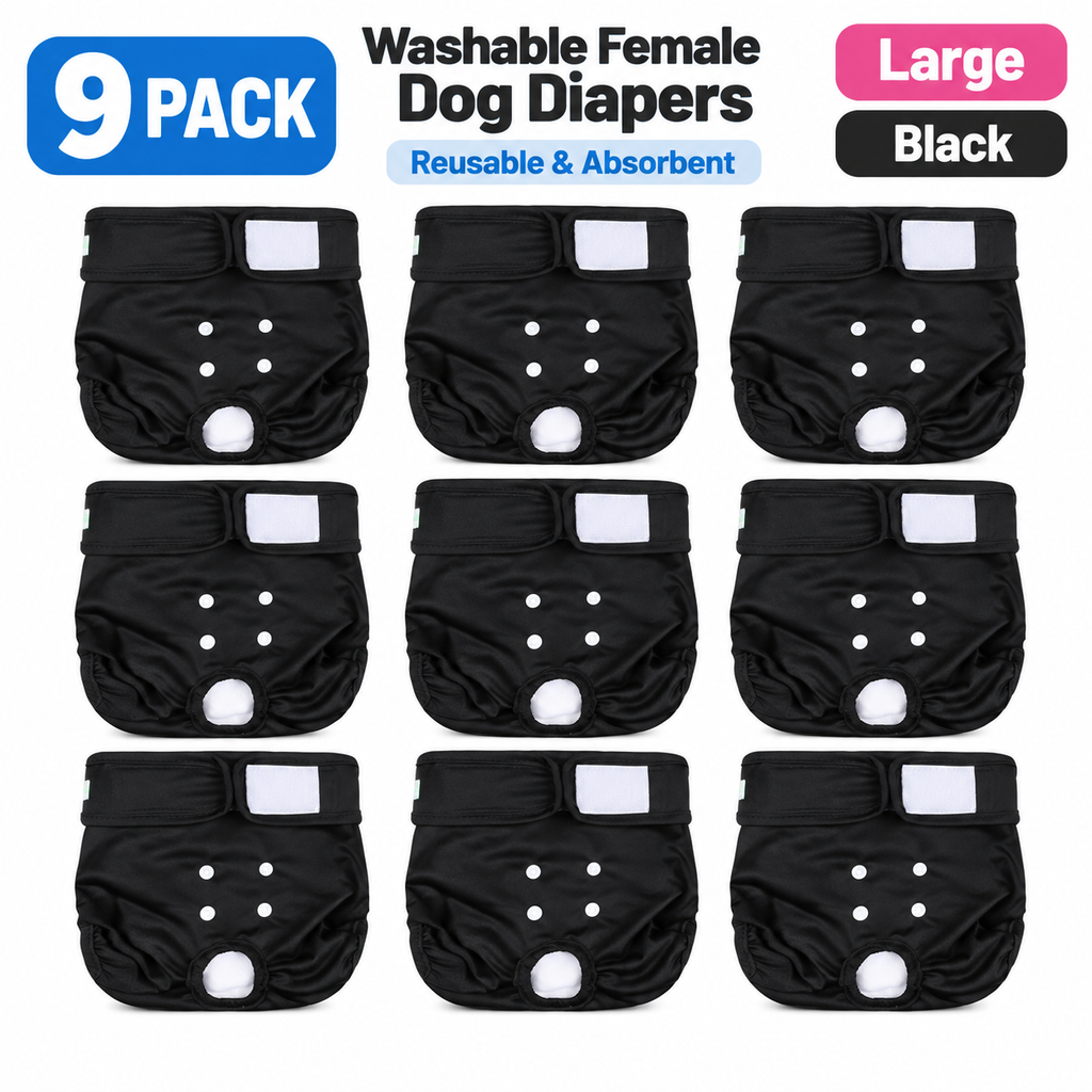 Wegreeco Washable Female Dog Diapers Large Black Reusable – 9 Pack