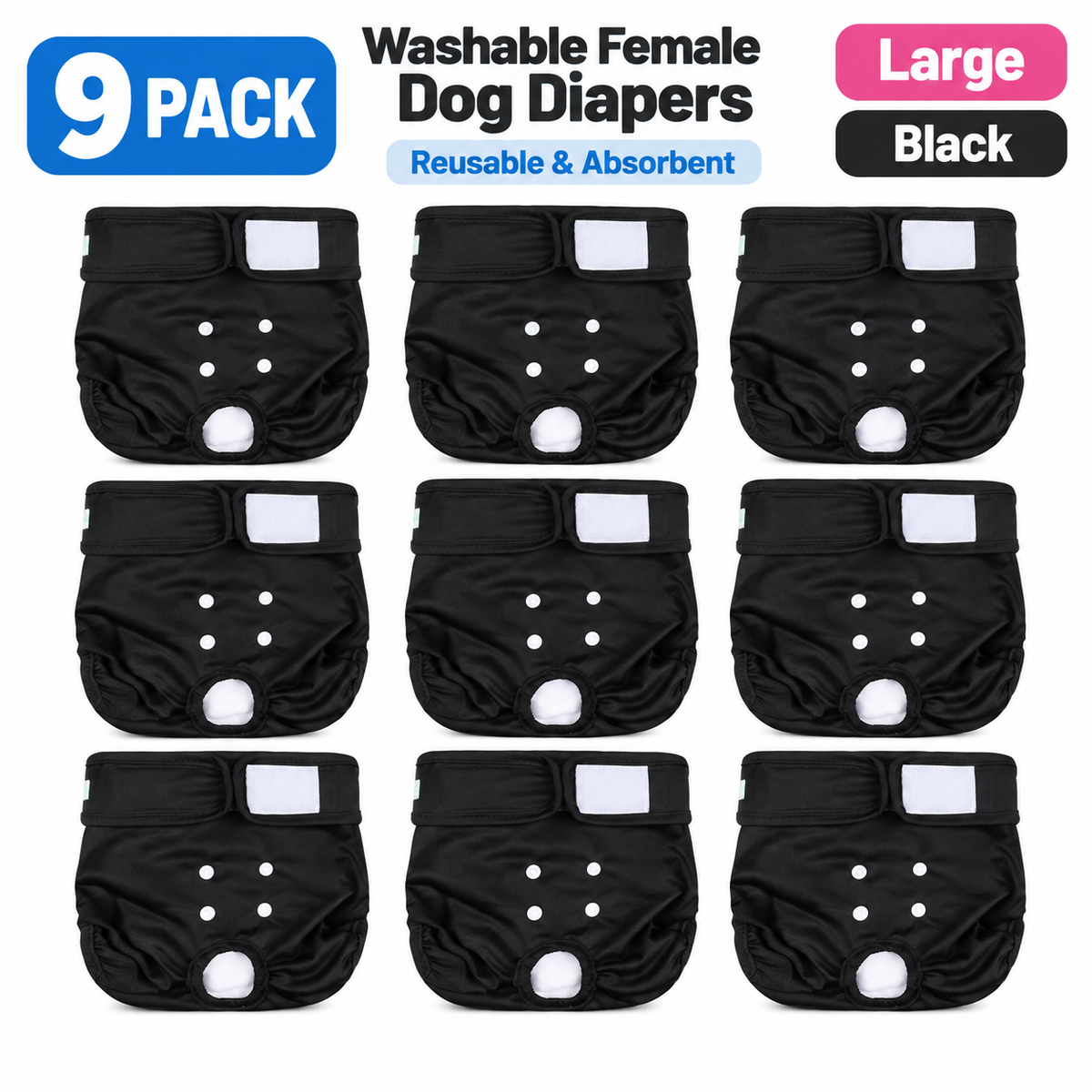 Wegreeco Washable Female Dog Diapers Large Black Reusable – 9 Pack