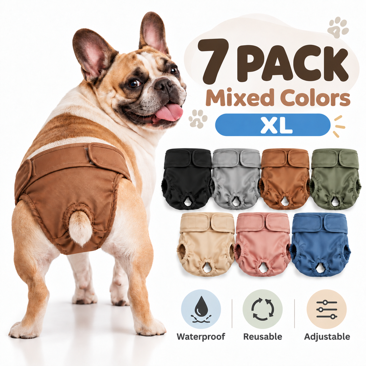 French Bulldog Female Dog Diapers 7 Pack Washable Mixed Colors Select Size