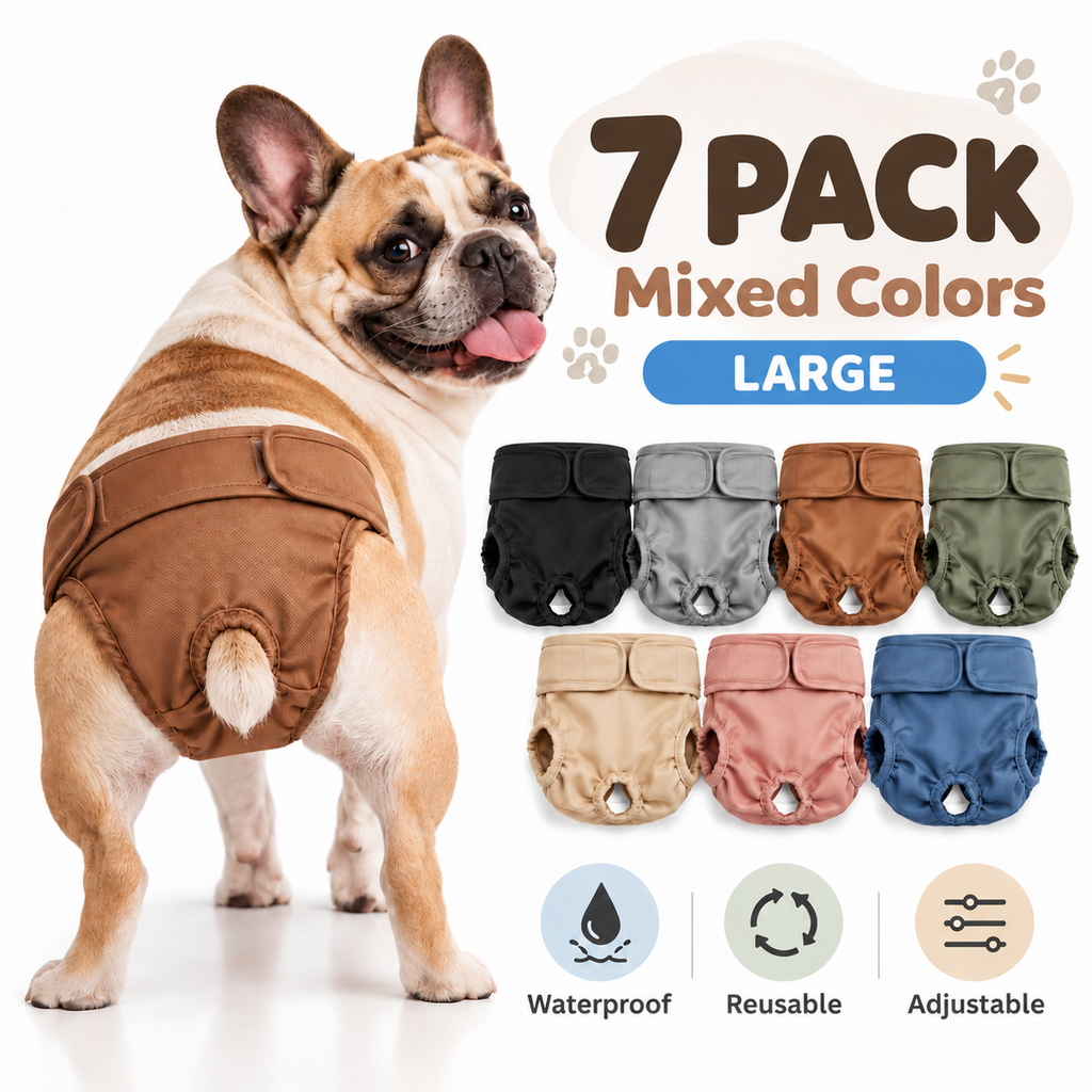 French Bulldog Female Dog Diapers 7 Pack Washable Mixed Colors Select Size
