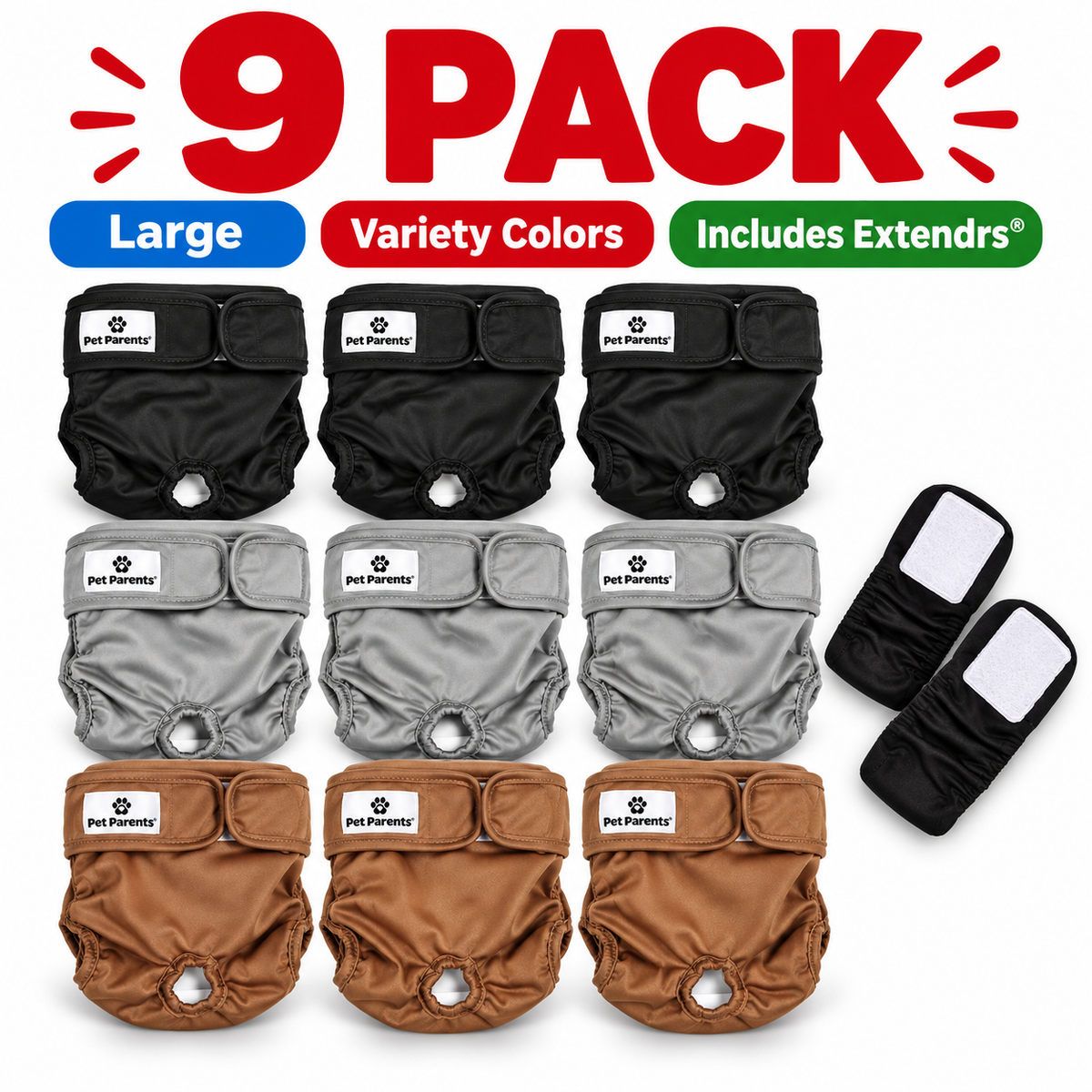 Pet Parents Washable Dog Diapers Large 3 Pack w/ Extendrs Reusable Variety