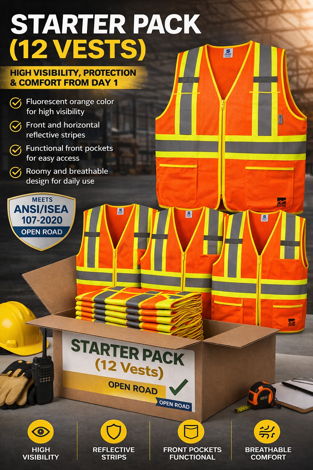 Open Road Zipper Safety Vest Pack (12 Vests) – High Visibility Orange | ANSI/ISEA 107-2020 | Custom Print Included