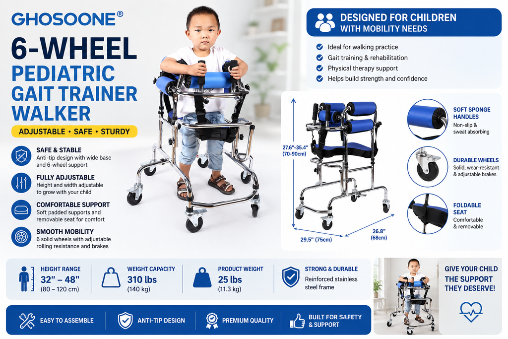 GHOSOONE 6 Wheel Pediatric Gait Trainer Walker Adjustable Foldable Seat 310 lb