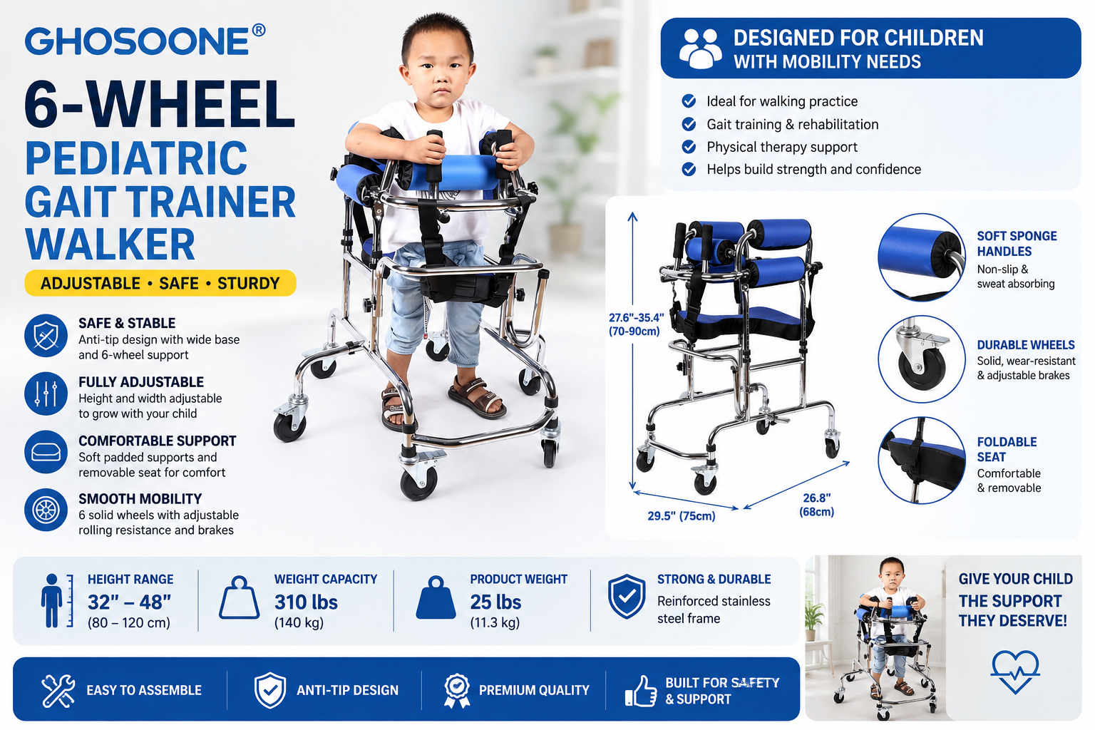 GHOSOONE 6 Wheel Pediatric Gait Trainer Walker Adjustable Foldable Seat 310 lb