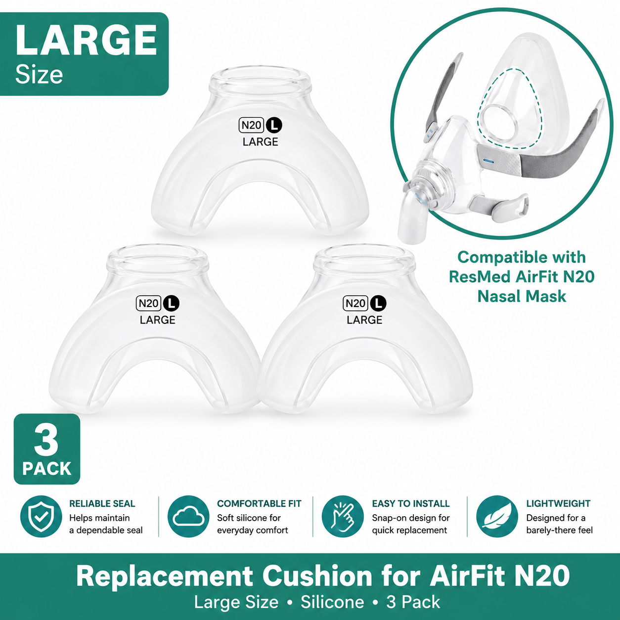 Replacement Cushion Compatible with ResMed AirFit N20 Nasal CPAP Mask | Large | Silicone | 3 Pack