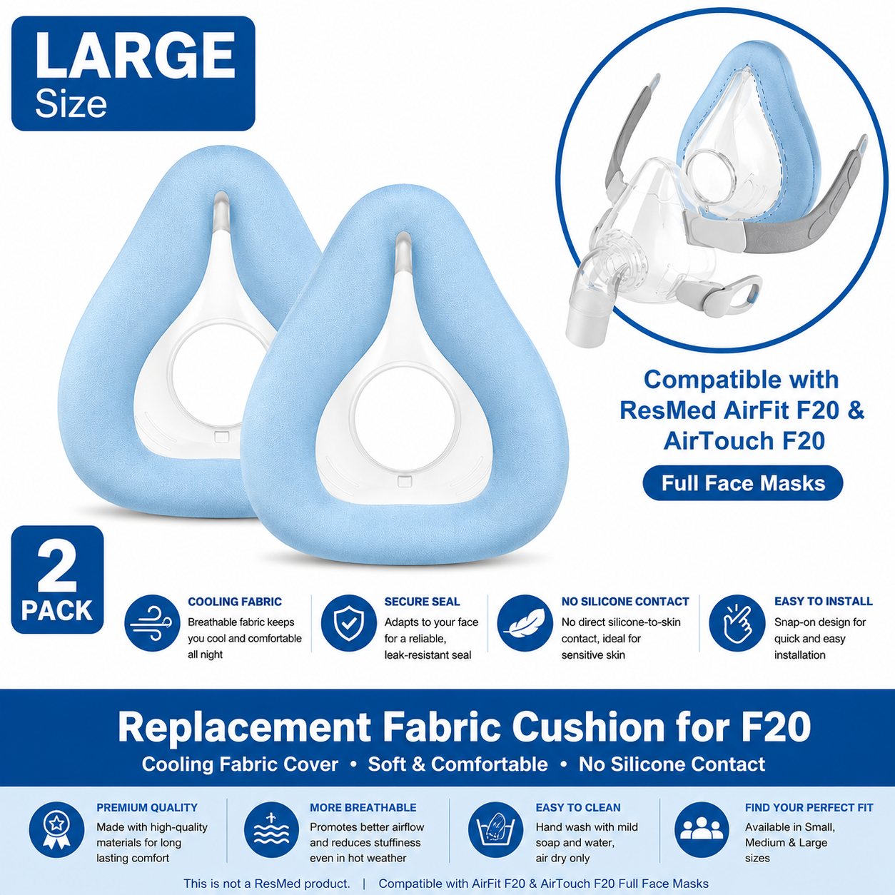 CPAP Cushion Compatible with AirFit F20 & AirTouch F20 Large 2-Pack Blue